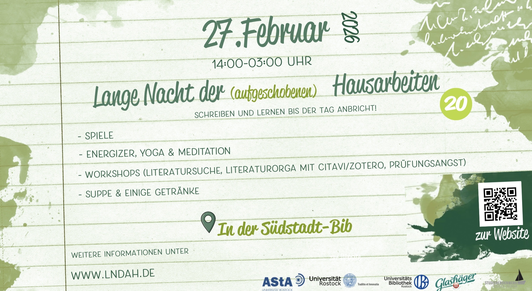 Lange Nacht der (aufgeschobenen) Hausarbeiten – Schreiben und lernen bis der Tag anbricht. 27. Februar 2026, 14–03 Uhr, Südstadtbibliothek Rostock