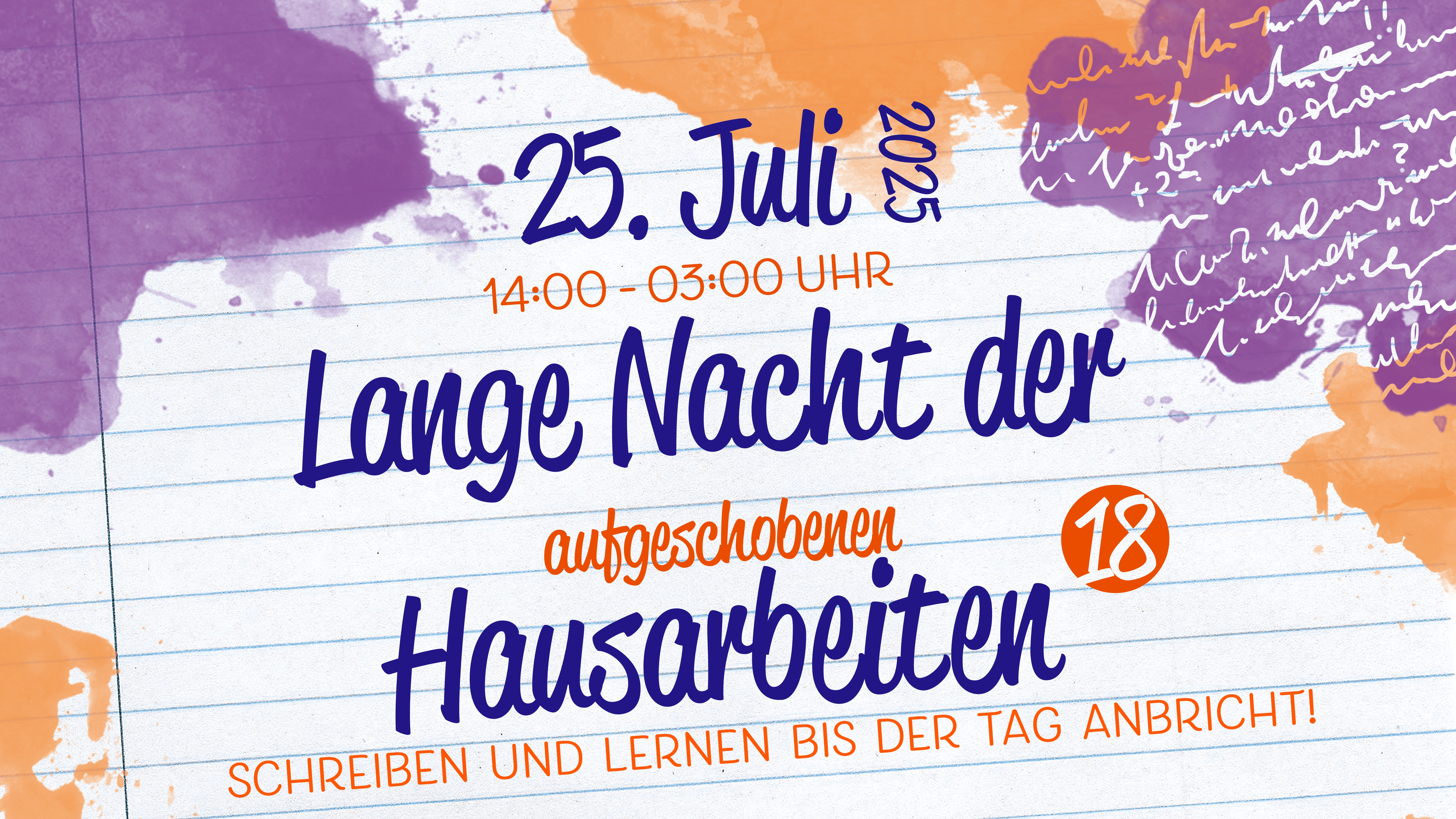 18. Lange Nacht der (aufgeschobenen) Hausarbeiten – Schreiben und lernen bis der Tag anbricht. 25. Juli 2025, 15–03 Uhr, Südstadtbibliothek Rostock